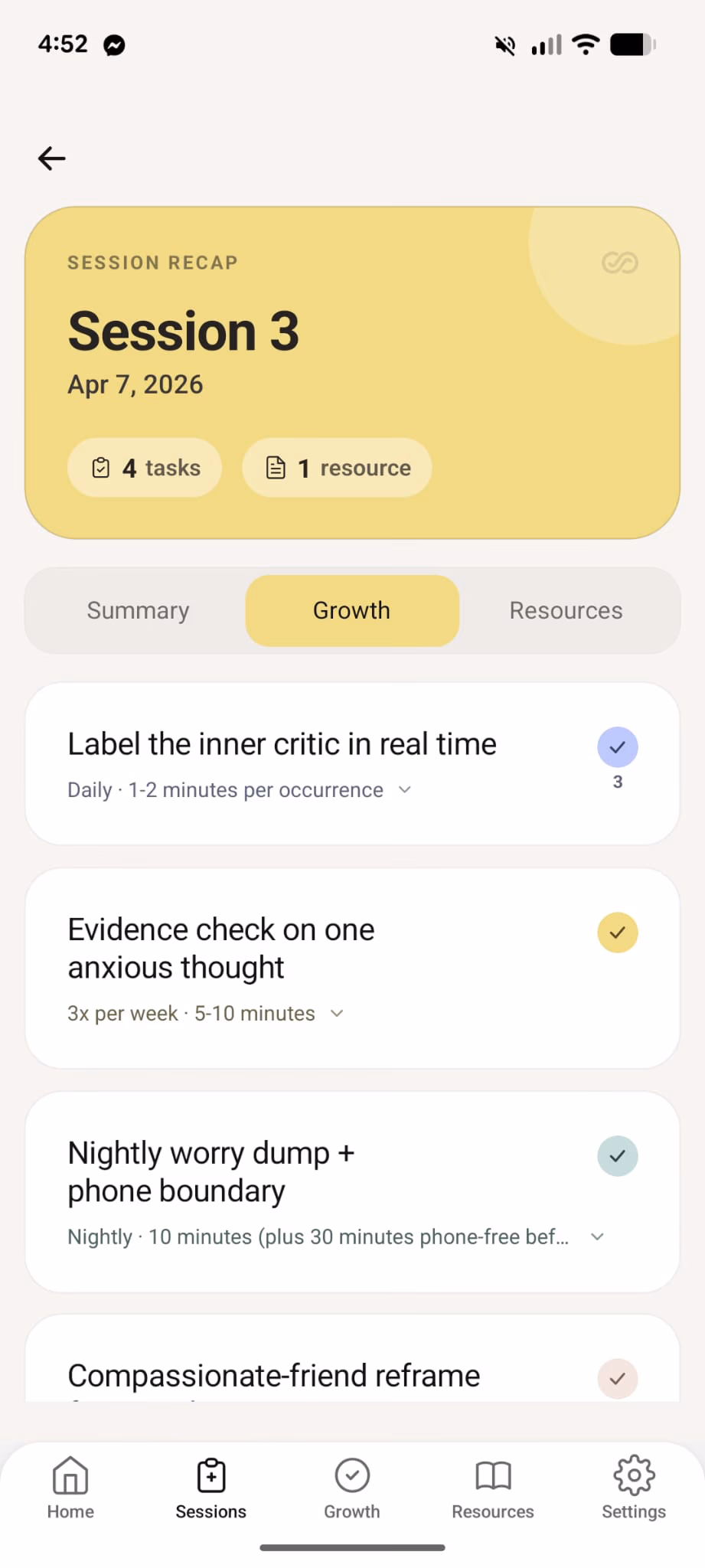 InterSession client app session tasks screen