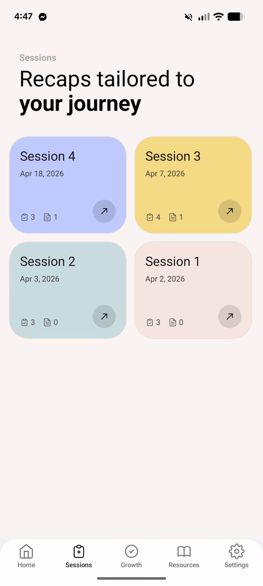 InterSession client app sessions screen
